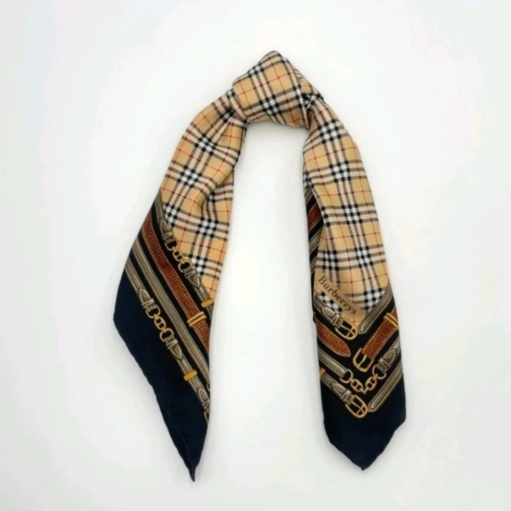 BURBERRYS Vintage Nova Check Silk Scarf 23x23 Belt Equestrian Print - Picture 4 of 8